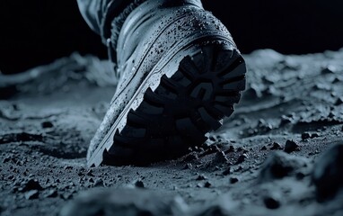 Close-up of an astronaut boot print on a rugged lunar surface, dark shadows and textured ground, moon landing, historic space exploration