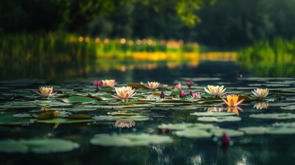 Sticker - Water Lilies Blooming in a Serene Pond with Lush Green Foliage