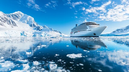 Cruise ship in the heart of a frozen landscape, surrounded by glaciers and floating ice, calm blue sky and water, glacier expedition, cruise through the polar regions