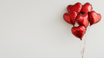 Valentine's Day concept red heart shaped balloons isolated white wall background. Copy paste area for text