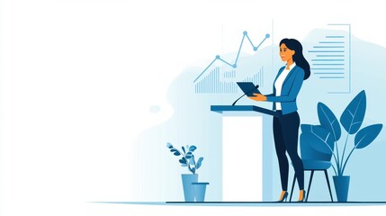 A businesswoman stands at a podium in a conference room, confidently presenting the company financial goals to a group of investors., flat design illustration