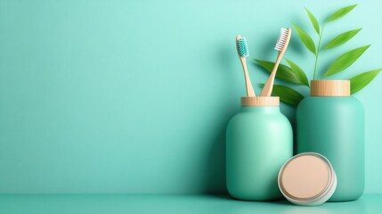 Canvas Print - Two green bottles with toothbrushes and a plant in them, AI