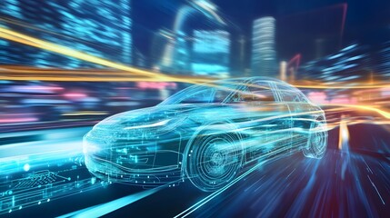 Poster - A futuristic car speeds through a city, its wireframe glowing against a backdrop of blurred lights.