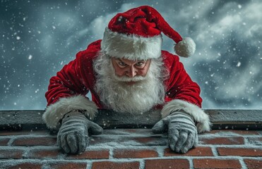 Poster -  Santa Claus on the roof, he is crawling out from the chimney and looking down at the viewer with an angry face. The image has professional color grading, soft shadows, low contrast