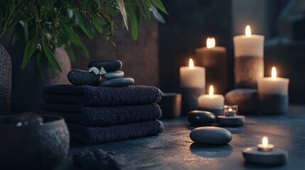 Luxurious spa setting with candles, towels, and smooth stones, creating a calm and relaxing atmosphere, perfect for wellness and self-care concepts.