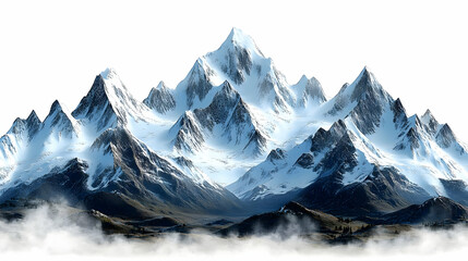 Wall Mural - A majestic snow-covered mountain range against a bright white background.