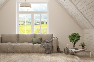 Wall Mural - White living room with sofa and summer landscape in window. Scandinavian interior design. 3D illustration