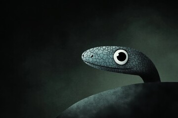 A stylized snake with textured scales and large eyes emerging from a dark background. Simple yet captivating.
