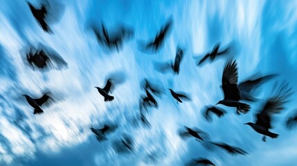 Silhouettes of Birds in Motion Against a Blurry Blue Sky