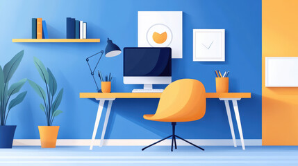 Wall Mural - A desk with a computer monitor and chair in front of it, AI