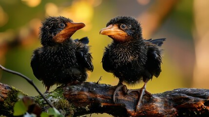  Two black birds perch on a tree branch, surrounded by green, leafy foliage