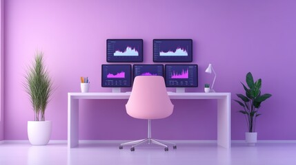 Wall Mural - A desk with four monitors and a chair in front of it, AI