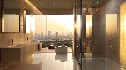 Wall Mural - Modern Bathroom with City View and Sunset