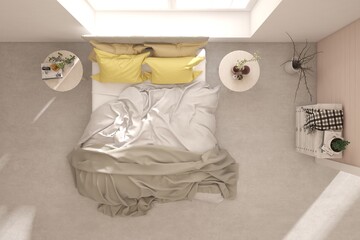 Wall Mural - Top view of white bedroom concept with concrete floor. Scandinavian interior design. 3D illustration