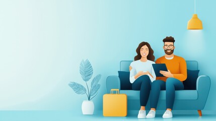 Poster - a couple sits on a couch with a travel brochure and a tablet, setting vacation goals for their upcom