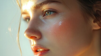 Sticker - Close-up of a Woman's Face with Sunlit Skin and Shimmering Makeup