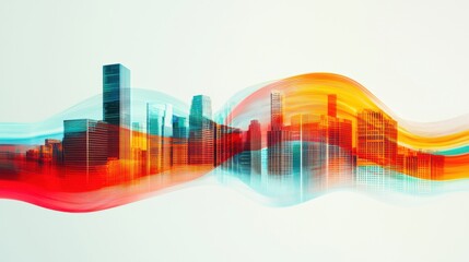 Wall Mural - A digital wave of colorful lines flowing through abstract skyscrapers, with each building displaying unique corporate logos, innovation, brand differentiation, and corporate identity