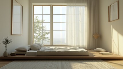 Poster - sunlit minimalist bedroom with wooden floor and large windows showcasing a serene morning atmosphere