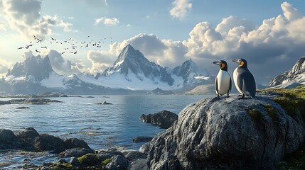 Two penguins stand on a rocky outcrop overlooking a glacial lake with a mountain range in the background. The sky is blue with white fluffy clouds, and there are birds flying overhead.