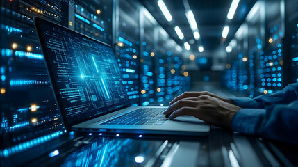 A person typing on a laptop in a dimly lit server room filled with blue lights.