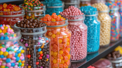 Colorful jars of assorted candies line a shop shelf, with bright, vibrant candies in various shapes and sizes, evoking a playful and nostalgic feeling.