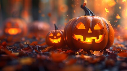 Glowing spooky jack-o'-lantern in a dark autumn garden for Halloween celebration

