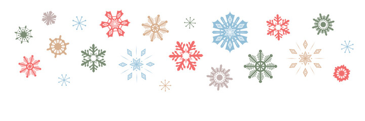 Wall Mural - Cute colorful snowflakes Christmas vector icons on white background. Winter holiday design with nordic snowflake crystals hand drawn. Good for card, banner, any festive print. Bright Xmas background.