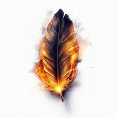 Wall Mural - A glowing phoenix feather, fantasy bird item, digital painting, golden glow, isolated on white background