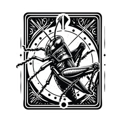 Grasshopper in Tarot card black and white silhouette illustration