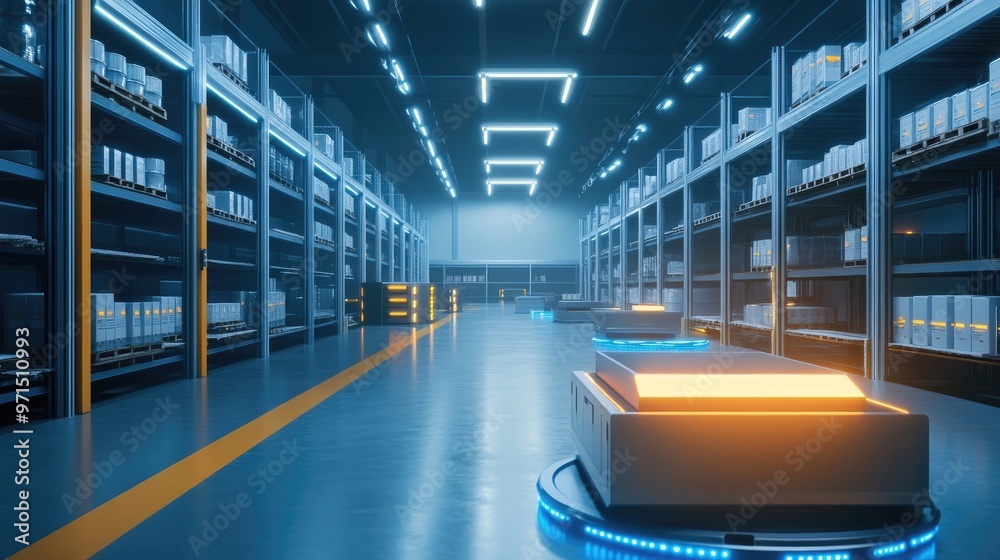 Automated guided vehicles (AGVs) navigate a modern warehouse with ...