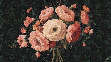 Vintage bouquet of beautiful flowers against a black background, styled in Baroque fashion. Ideal for natural pattern wallpaper or greeting cards.