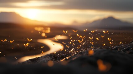 Wall Mural -  A cluster of butterflies hovering above a dirt road against a backdrop of a sunsetting mountain