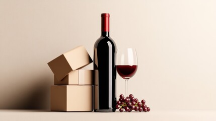 Wine bottle, glass, grapes, and boxes on a neutral background Created with Generative AI.