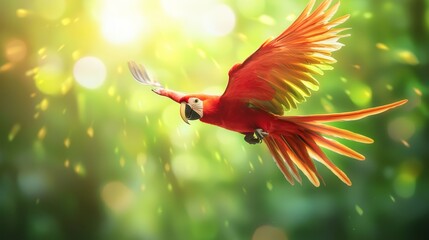  A red parrot flies through the air with expanded wings against a green backdrop