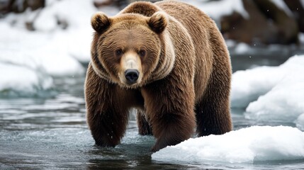 Poster - A Grizzly Bear Wading Through a Snowy River