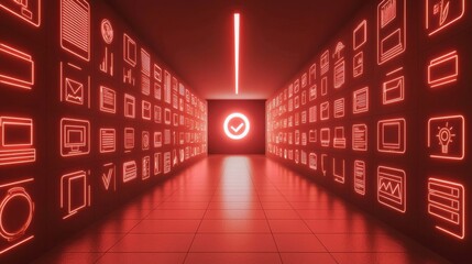 Wall Mural - a hallway filled with office-related icons like folders, computers, and charts, all leading towards 