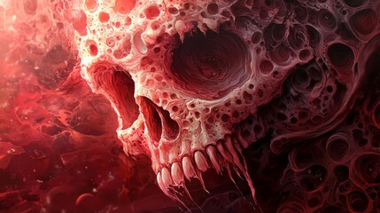 Poster -  A tight shot of a skull adorned with numerous bubbles on its visage, set against a backdrop of deep-hued red light