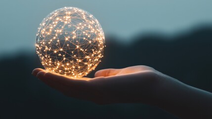 Poster - A hand holding a glowing globe with interconnected lines and nodes, each one representing a key part of the project, scope, from planning to execution