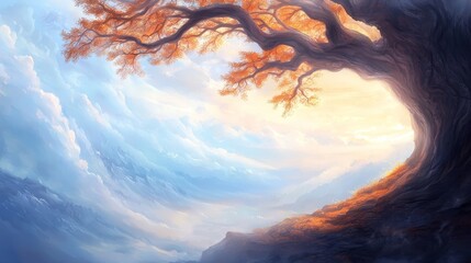 Wall Mural -  A tree painted atop a cliff, sun illuminating clouds behind