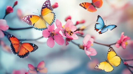 Canvas Print - Colorful Butterflies Flitting Around Pink Blossoms