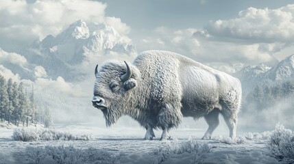 Poster - White Buffalo in a Snowy Mountain Landscape