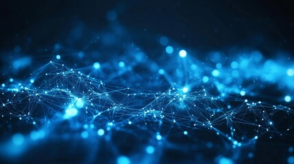 Poster - Abstract representation of interconnected nodes and lines in a deep blue digital landscape illustrating data flow