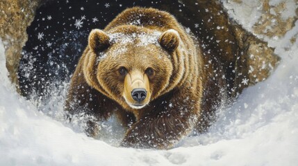 Wall Mural - A Grizzly Bear Emerging From a Snowy Cave