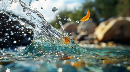  A goldfish leaps from water, holding a leaf in its mouth against a backdrop of a rock