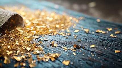  A tight shot of wood adorned with gold flakes, plus a roll of wood shavings nearby