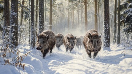 Wall Mural - Wild Boars Foraging Through a Snowy Forest