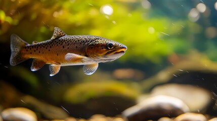  A fish swims in the water, nearby rocks jut out from the shallow depths In the background, a leafy green tree stands