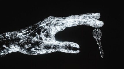 Poster - A human hand made of transparent glass, holding a key, with rays of light passing through the fingers, transparency as the key to unlocking knowledge