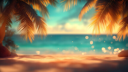 Wall Mural - A serene beach scene with palm trees and a tranquil ocean view at sunset.