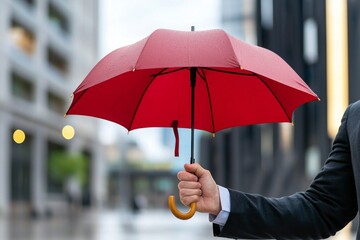 A person in a suit holding a red umbrella in an urban setting, with blurred buildings and lights in the background.